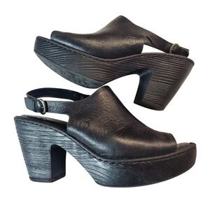 Born Black Leather Platform Slingback Sandals Peep Toe Block Heel 10 Chunky